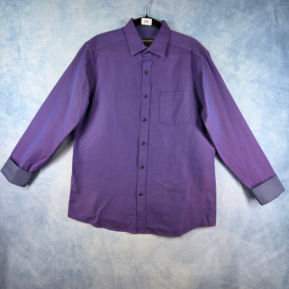 Johnston & Murphy Mens Purple Geometric Diamond Print Cotton Button Down Shirt M